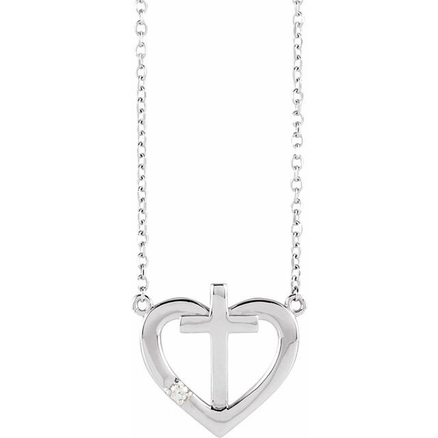 Sterling Silver .015 CT Natural Diamond Heart & Cross 18" Necklace