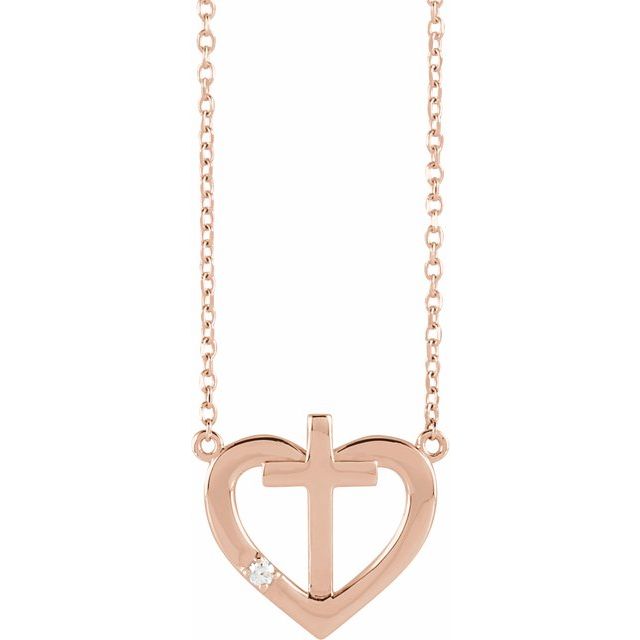 14K Rose Gold .015 CT Natural Diamond Heart & Cross 18" Necklace