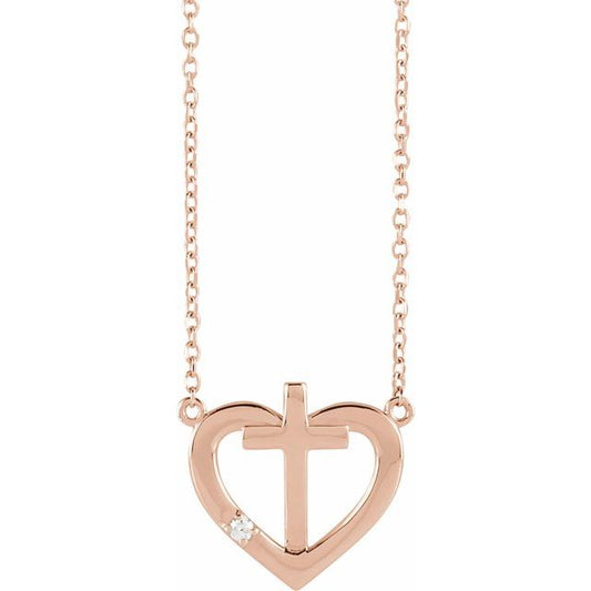 14K Rose Gold .015 CT Natural Diamond Heart & Cross 18" Necklace