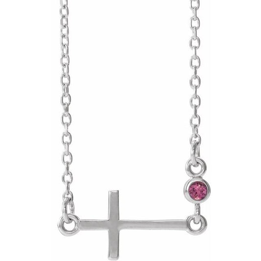Sterling Silver Natural Pink Tourmaline Sideways Cross 16-18" Necklace