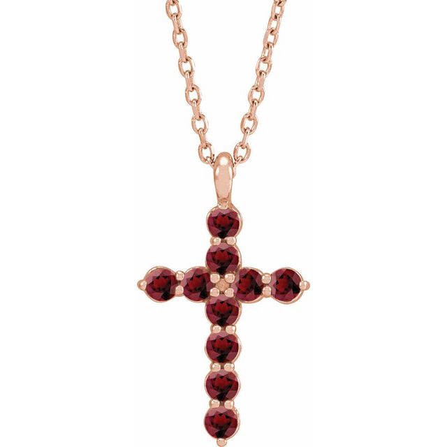 14K Rose Gold Natural Mozambique Garnet Cross 16-18" Necklace
