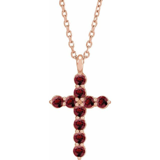 14K Rose Gold Natural Mozambique Garnet Cross 16-18" Necklace
