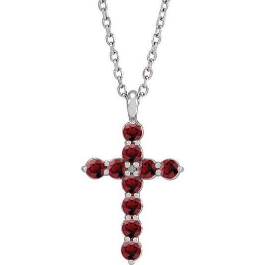 Sterling Silver Natural Mozambique Garnet Cross 16-18" Necklace