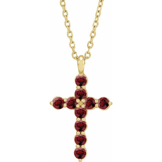 14K Yellow Gold Natural Mozambique Garnet Cross 16-18" Necklace