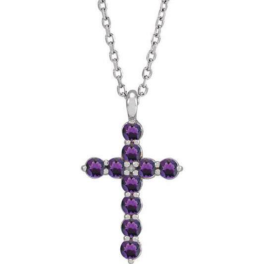 14K White Gold Natural Amethyst Cross 16-18" Necklace
