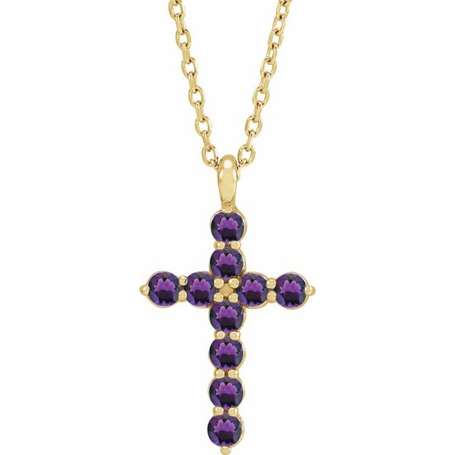 14K Yellow Gold Natural Amethyst Cross 16-18" Necklace