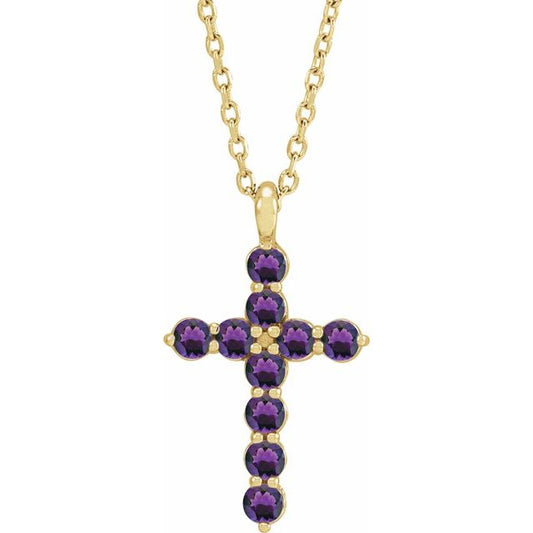 14K Yellow Gold Natural Amethyst Cross 16-18" Necklace