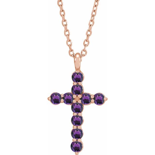 14K Rose Gold Natural Amethyst Cross 16-18" Necklace