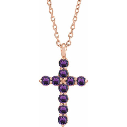 14K Rose Gold Natural Amethyst Cross 16-18" Necklace