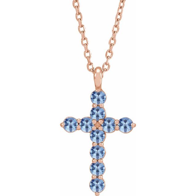 14K Rose Gold Natural Aquamarine Cross 16-18" Necklace