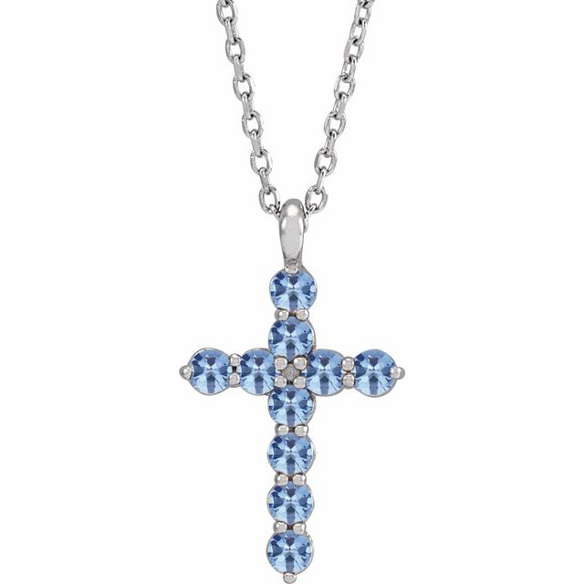 14K White Gold Natural Aquamarine Cross 16-18" Necklace