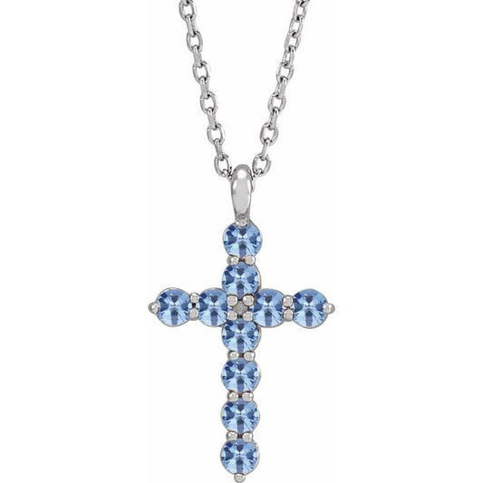 Sterling Silver Natural Aquamarine Cross 16-18" Necklace