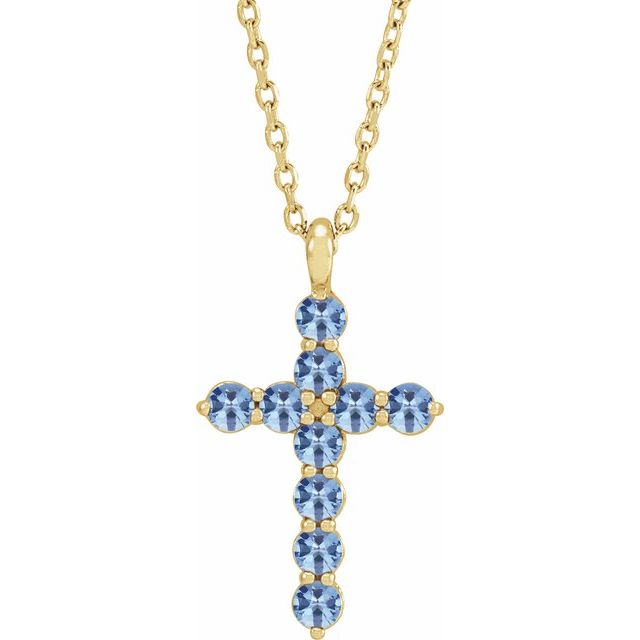 14K Yellow Gold Natural Aquamarine Cross 16-18" Necklace