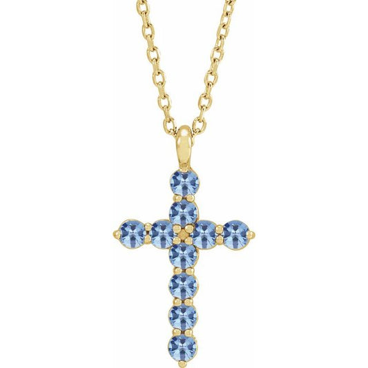 14K Yellow Gold Natural Aquamarine Cross 16-18" Necklace