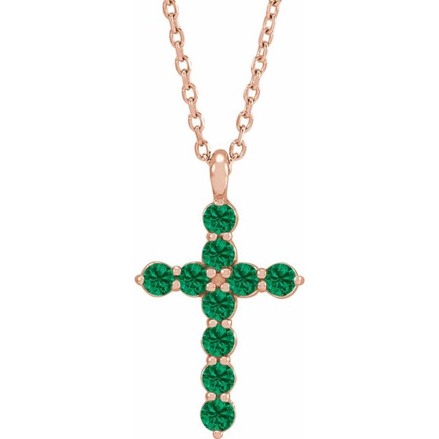 14K Rose Gold Natural Emerald Cross 16-18" Necklace