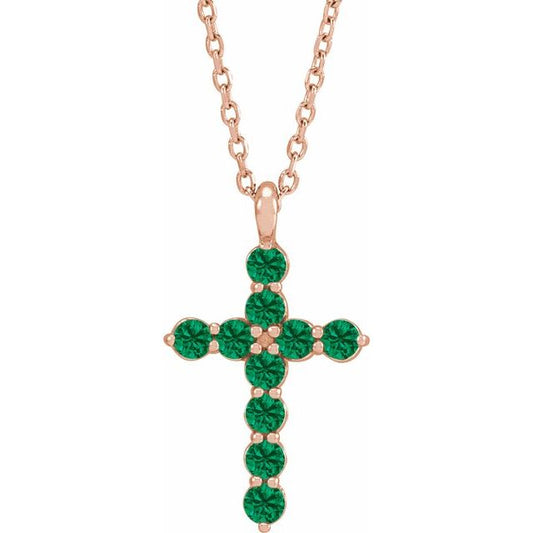 14K Rose Gold Natural Emerald Cross 16-18" Necklace