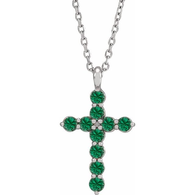 Platinum Natural Emerald Cross 16-18" Necklace