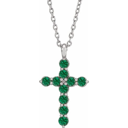14K White Gold Natural Emerald Cross 16-18" Necklace