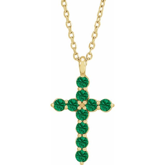 14K Yellow Gold Natural Emerald Cross 16-18" Necklace