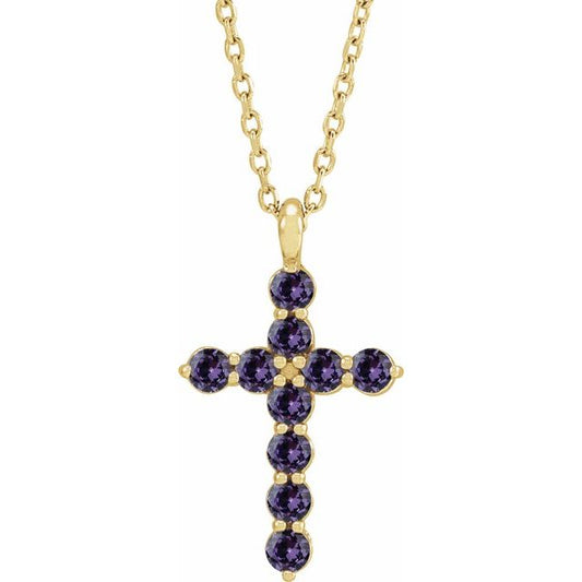 14K Yellow Gold Natural Alexandrite Cross 16-18" Necklace