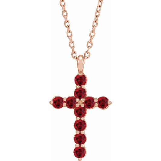 14K Rose Gold Natural Ruby Cross 16-18" Necklace