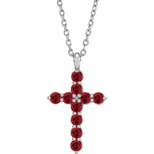 14K White Gold Natural Ruby Cross 16-18" Necklace