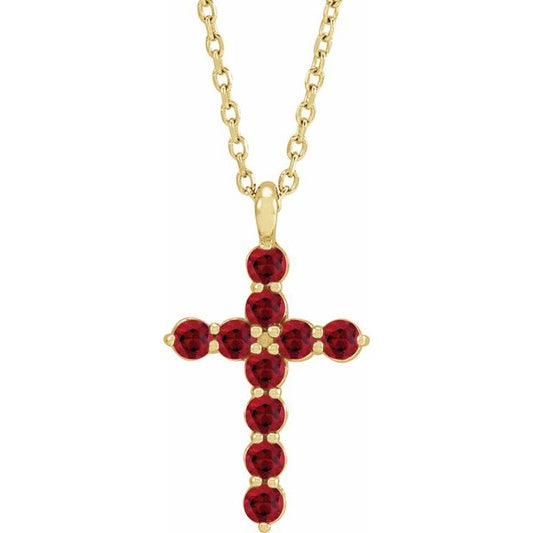 14K Yellow Gold Natural Ruby Cross 16-18" Necklace
