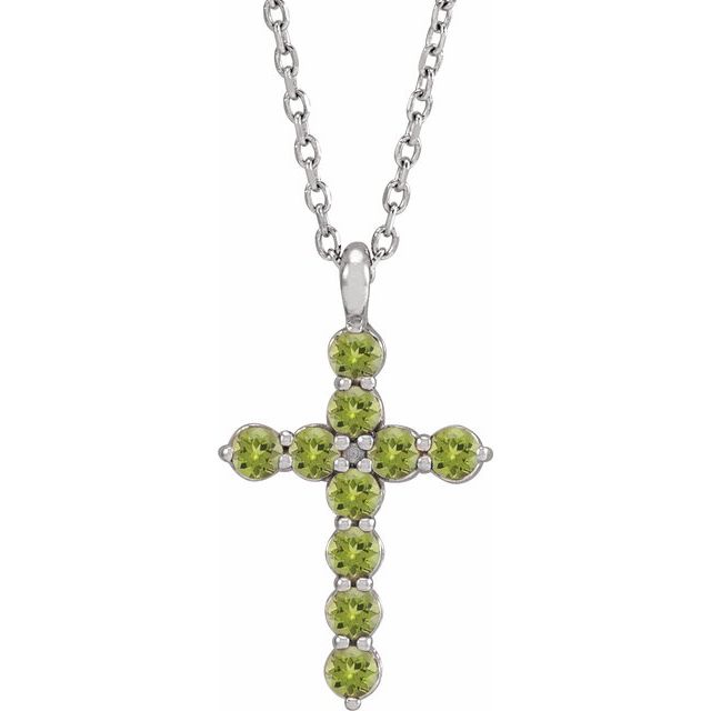 14K White Gold Natural Peridot Cross 16-18" Necklace
