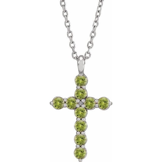 Platinum Natural Peridot Cross 16-18" Necklace