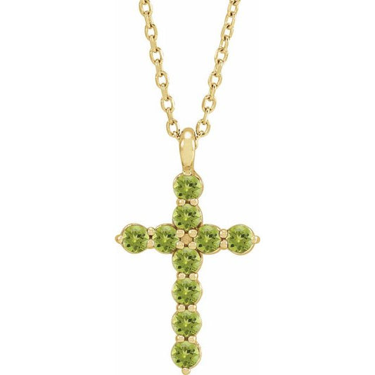 14K Yellow Gold Natural Peridot Cross 16-18" Necklace