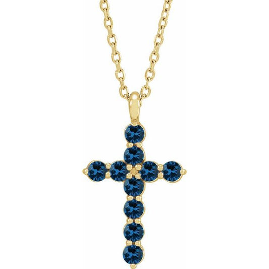 14K Yellow Gold Natural Blue Sapphire Cross 16-18" Necklace