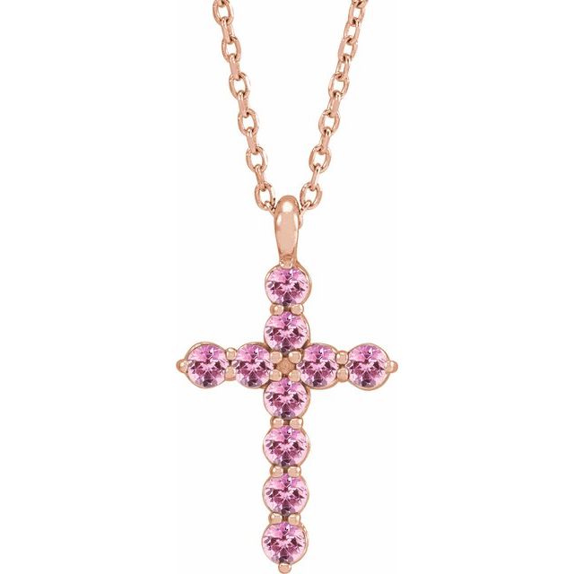 14K Rose Gold Natural Pink Tourmaline Cross 16-18" Necklace