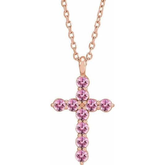 14K Rose Gold Natural Pink Tourmaline Cross 16-18" Necklace
