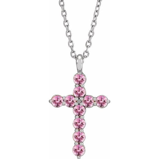 14K White Gold Natural Pink Tourmaline Cross 16-18" Necklace
