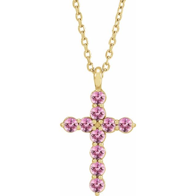 14K Yellow Gold Natural Pink Tourmaline Cross 16-18" Necklace