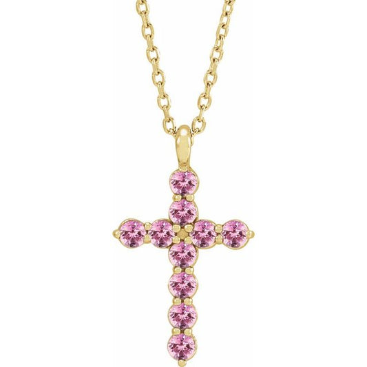 14K Yellow Gold Natural Pink Tourmaline Cross 16-18" Necklace