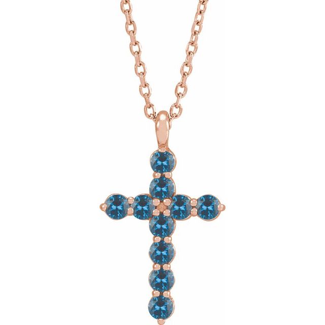 14K Rose Gold Natural Blue Sapphire Cross 16-18" Necklace