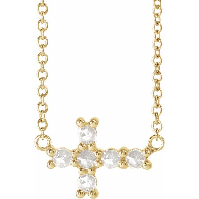 14K Yellow Gold 1/8 CTW Rose-Cut Natural Diamond Sideways Cross 16-18" Necklace 