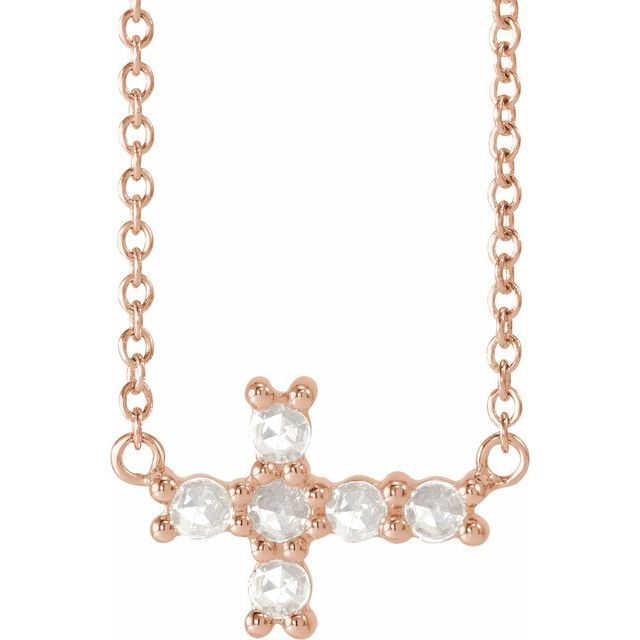 14K Rose Gold 1/8 CTW Rose-Cut Natural Diamond Sideways Cross 16-18" Necklace 