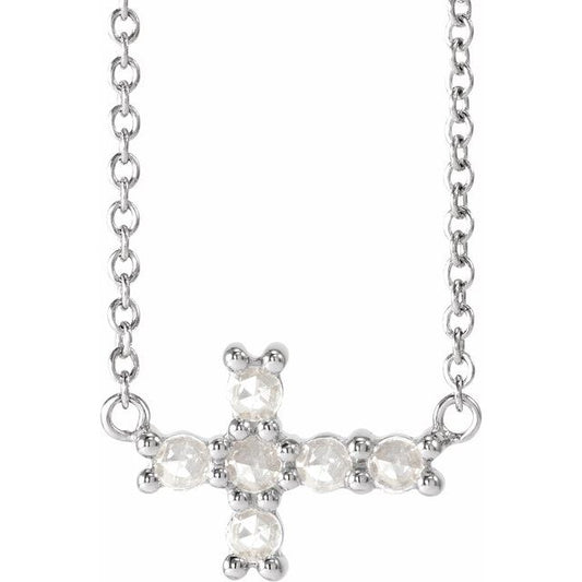 Sterling Silver 1/8 CTW Rose-Cut Natural Diamond Sideways Cross 16-18" Necklace 