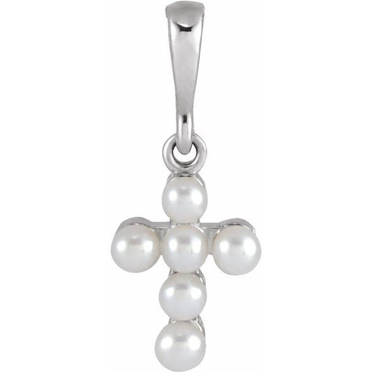 Sterling Silver Cultured White Seed Pearl Youth Cross Pendant