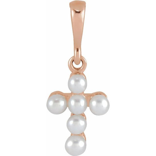 14K Rose Gold Cultured White Seed Pearl Youth Cross Pendant
