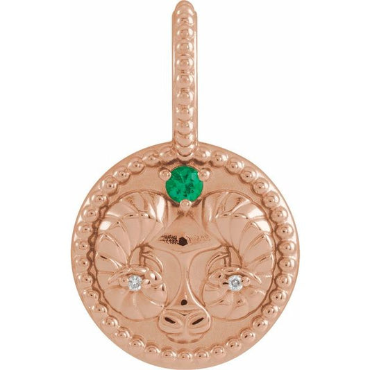 14K Rose Gold Natural Emerald & .005 CTW Natural Diamond Aries Charm/Pendant