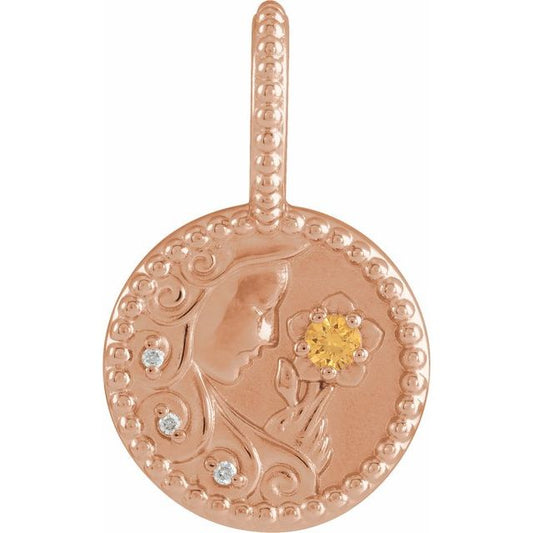 14K Rose Gold Natural Spessartite Garnet & .075 CTW Natural Diamond Virgo Charm/Pendant