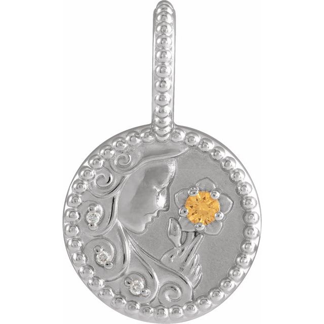 14K White Gold Natural Spessartite Garnet & .075 CTW Natural Diamond Virgo Charm/Pendant
