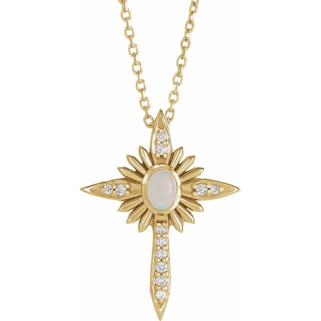 14K Yellow Gold Natural White Opal & .06 CTW Natural Diamond Nativity Cross 16-18" Necklace