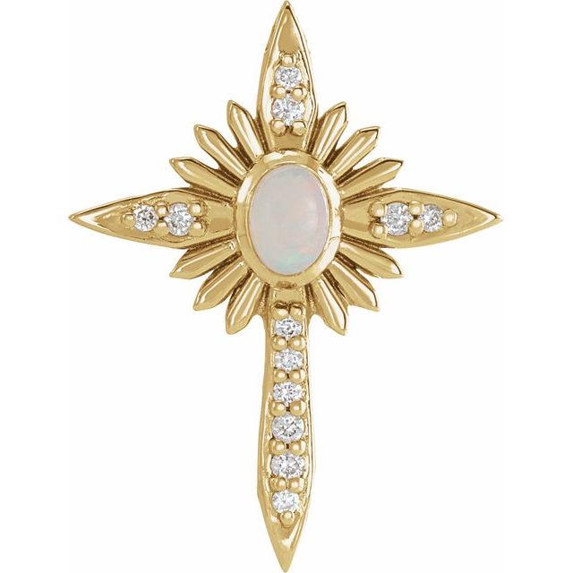 14K Yellow Gold Natural White Opal & .06 CTW Natural Diamond Nativity Cross Pendant