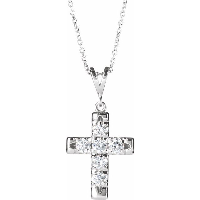 Sterling Silver 3/4 CTW Natural Diamond French-Set Cross 16-18" Necklace