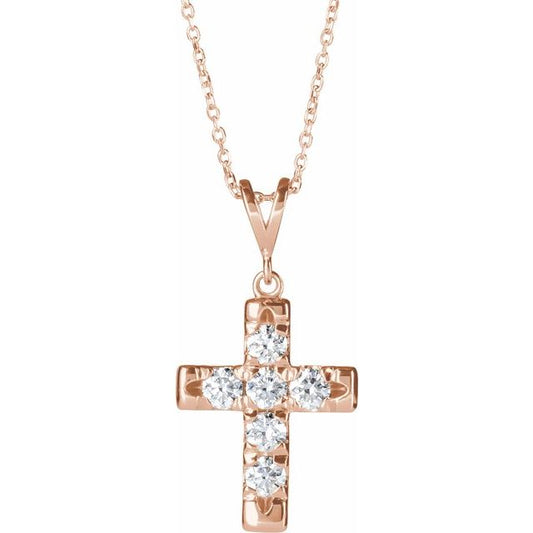14K Rose Gold 3/4 CTW Natural Diamond French-Set Cross 16-18" Necklace