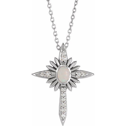 Sterling Silver Natural White Opal & .06 CTW Natural Diamond Nativity Cross 16-18" Necklace